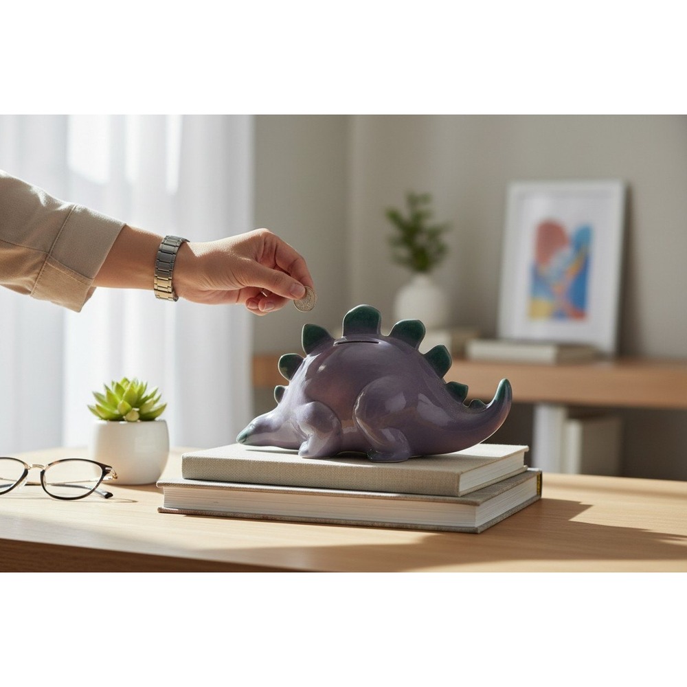 Stegosaurus Dinosaur Piggy Bank Kids OS Purple Good Missing Stopper